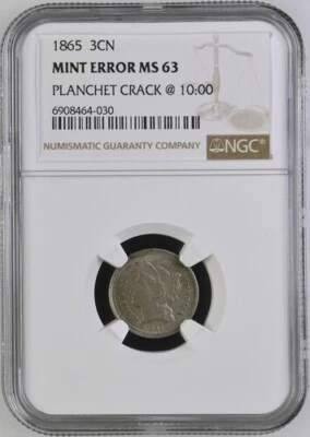 1865 NGC MS63 Mint Error **Planchet Crack @ 10:00** Nickel Three Cent Piece 3CN - Image 1 of 4
