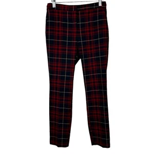 Zara Pants Plaid Preppy Womens Medium Red Navy Tartan Ankle Skinny Stretch - Picture 1 of 12