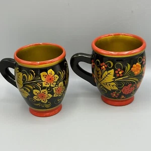 RUSO Khokhloma Pintado a Mano Laca Madera TAZA/TAZA Arte Popular Conjunto De 2 - Imagen 1 de 6