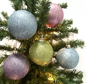 Glitter Ball Plastic Christmas Ornaments 5 Count Pastel Colors - Picture 1 of 14