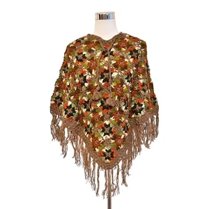 Hippie Poncho Wolle braun Fransen Boho Überwurf Nepal Umhang Granny Häkelponcho - Bild 1 von 9