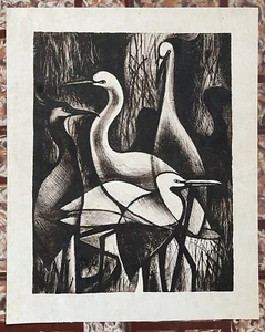 Lyzette Rosado? Serigraph Woodcut? 4 Herons Seagulls Birds Unsigned Puerto Rico - Picture 1 of 2