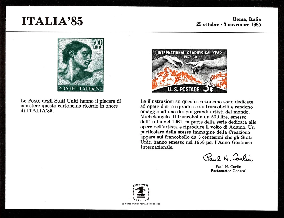 SOUVENIR CARD MINT ITALIA '85 Rome, Italy MINT 1985 - Image 1 of 1