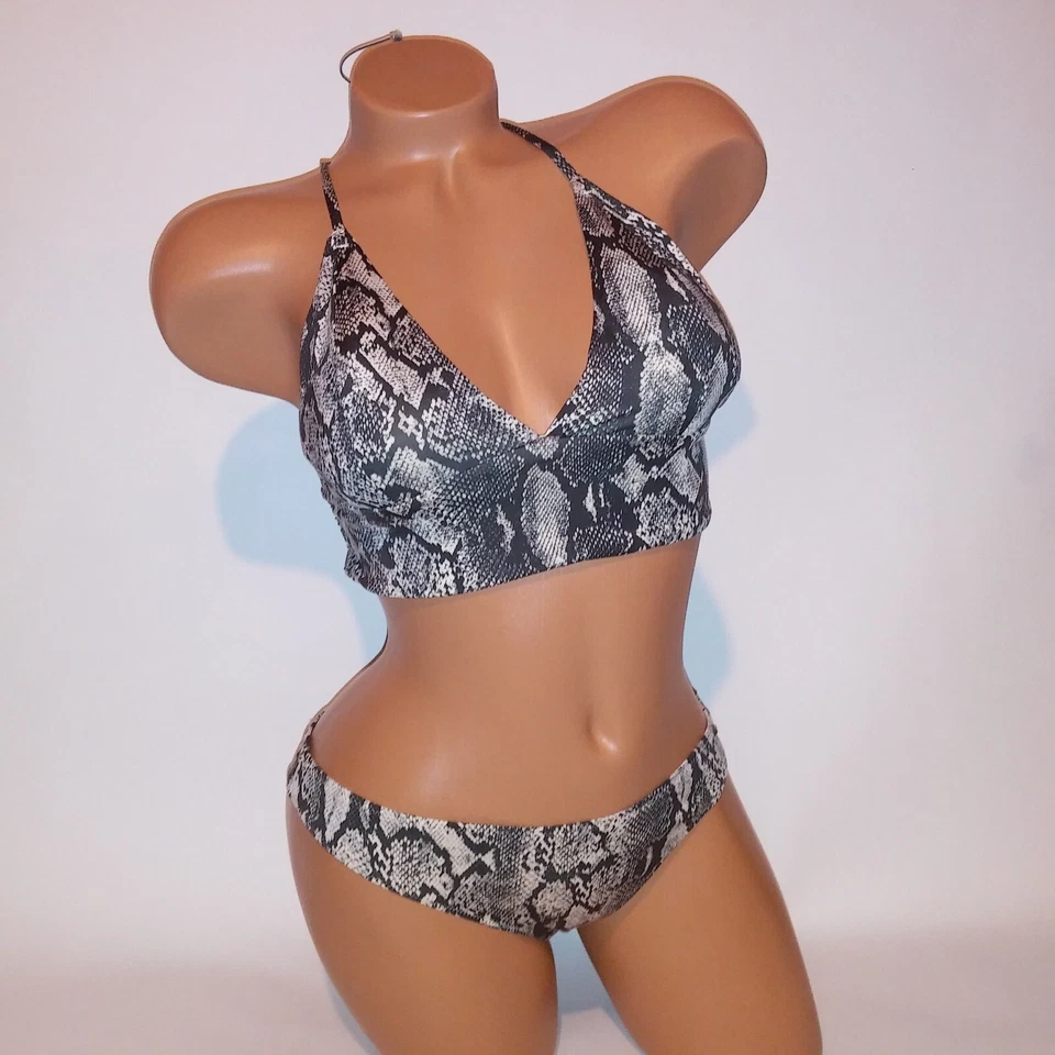 Bikini de natación H&M talla 12 superior talla 8 inferior negro piel de serpiente estampado animal cuerda Foto 1 de 4