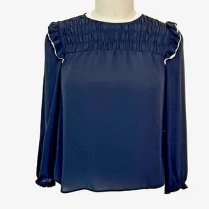 LOFT - Black with White Trim Long Sleeve Cottage Core Gathered Ruffled Blouse - Picture 1 of 11