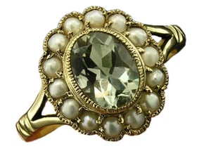 R350 Genuine 9K Gold Natural Green Amethyst & Pearl Oval Cluster Ring in yr size - Picture 1 of 10