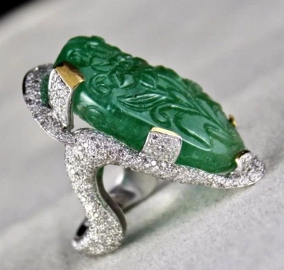 Certified Estate Zambian Emerald 10ct Carved Natural Diamond 18k Gold Ring - Image 1 of 4