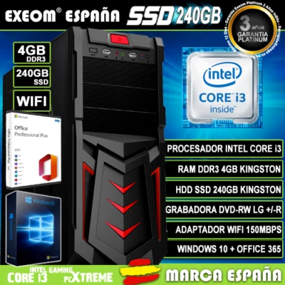 Ordenador Gaming Pc Intel i3 4GB SSD 240GB Wifi Sobremesa Windows 10 Office 2021 - Imagen 1 de 4
