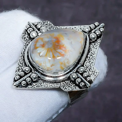 Anillo de joyería de plata de ley 925 hecho a mano con piedras preciosas de coral fósil talla 9 C173 Foto 1 de 3