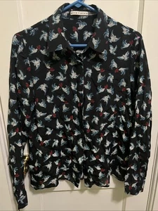 Alice + Olivia Willa Placket Silk Top Dove Heart Print Size Large - Picture 1 of 4