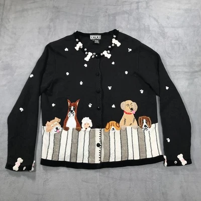 Vintage BEREK Dog Cardigan Sweater Womens L Black Beaded Puppies Poodle Boxer - Image 1 of 4