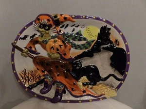 Fitz & Floyd Halloween Platte Hamamelis auf Besen mit schwarzer Katze 14"Lx11"W - Bild 1 von 14