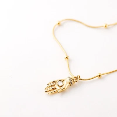 Hand of Fatima Protection Amulet Necklace Birthstone Pendant in Stainless Steel - Immagine 1 di 4