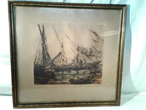 Lithographie,Seestück,maritim Motiv,Segelschiffe i.Hafen,gerahmt,alt,B57,5xH53,5 - Bild 1 von 6