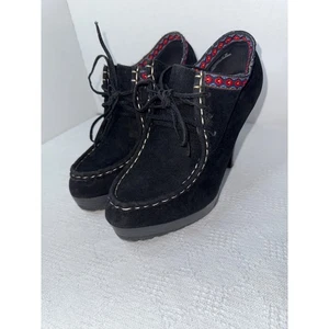 Black Suede Lace Up Ankle Boots Heels Women's Size 10 Colorful Trim - Picture 1 of 7