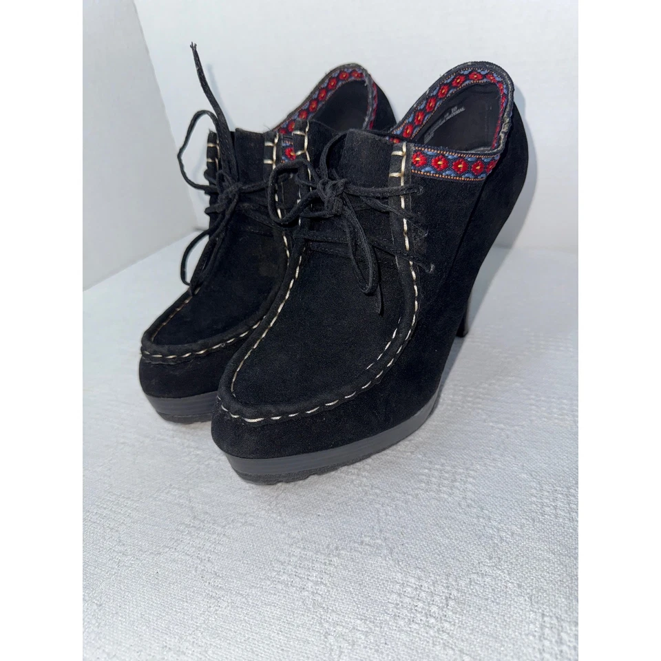 Black Suede Lace Up Ankle Boots Heels Women's Size 10 Colorful Trim - Image 1 of 4