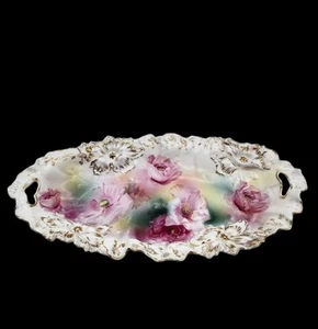 Antique RS Prussia Porcelain Celery Dish Floral Pink Flowers 2 Handle Oval 11.75 - Picture 1 of 7
