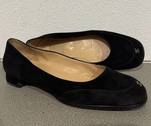 Vintage Chanel Black Suede Loafers CC Logo Shoes Flats Sz 38.5 - Made Italy - Picture 1 of 24