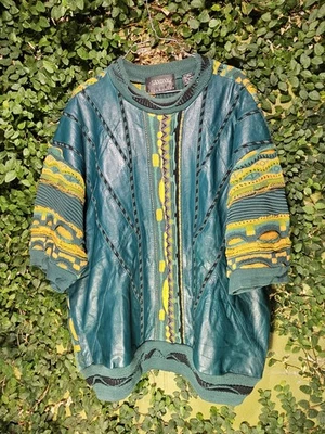 Vintage 90s Saxony Collection COOGI Style 3D Knit Leather Shortsleeve Sweater XL - Image 1 of 4