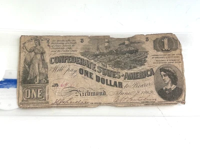 1862 $1 One Dollar Confederate States of America T 44 CSA Civil War Lucy Pickens - Image 1 of 4