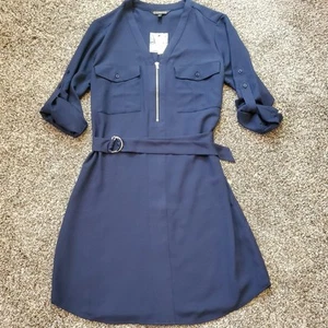 NWT Express Womens Small Belt Dress Dark Blue, Roll Tab Sleeve, Zip, Pockets - Picture 1 of 13