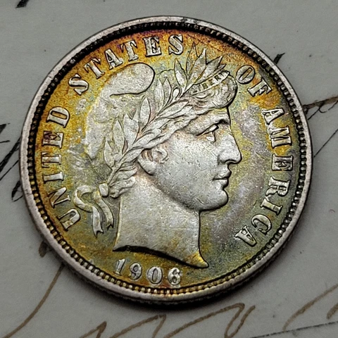 1906 Barber Dime 10c Eye Appealing Rainbow Toned AU Lusterous Silver (B204) Cover