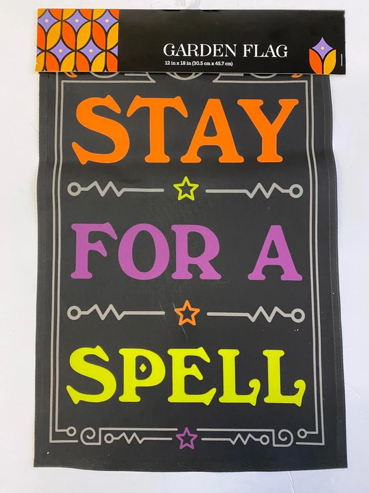 Флаг Stay for a Spell для Хэллоуина для помещений и улицы сада 12 x 18 дюймов ОДНОСТОРОННИЙ - Изображение 1 из 1