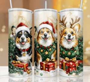 Vaso delgado con pajita Christmas Dogs Corgi Trio 20 oz - Imagen 1 de 2