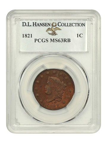1821 1c PCGS MS63 RB ex: D.L. Hansen Cover