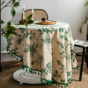 150cm Round Table Cloth Restaurant Cotton Linen Green Pine Tree Print Tablecloth - Picture 1 of 13