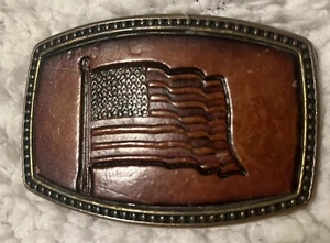 Vintage Alumaline 4108 Messing Leder amerikanische FLAGGE Gürtelschnalle BB-317 geprägt - Bild 1 von 2