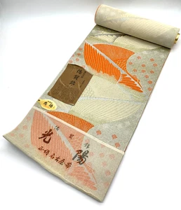 Japanese Obi Fabric Saganishiki KOYO Gold Silk Crane Design Nagoya Unused - Picture 1 of 9