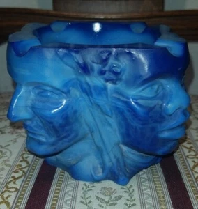Moser "4 Faces of Humanity" Blue Glass Ashtray Indian African Asian American - Picture 1 of 12