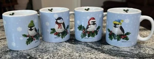 Christmas COFFEE MUG Set Birds Chickadee Wonderland 8 OZ set of 4 Stoneware - Picture 1 of 7