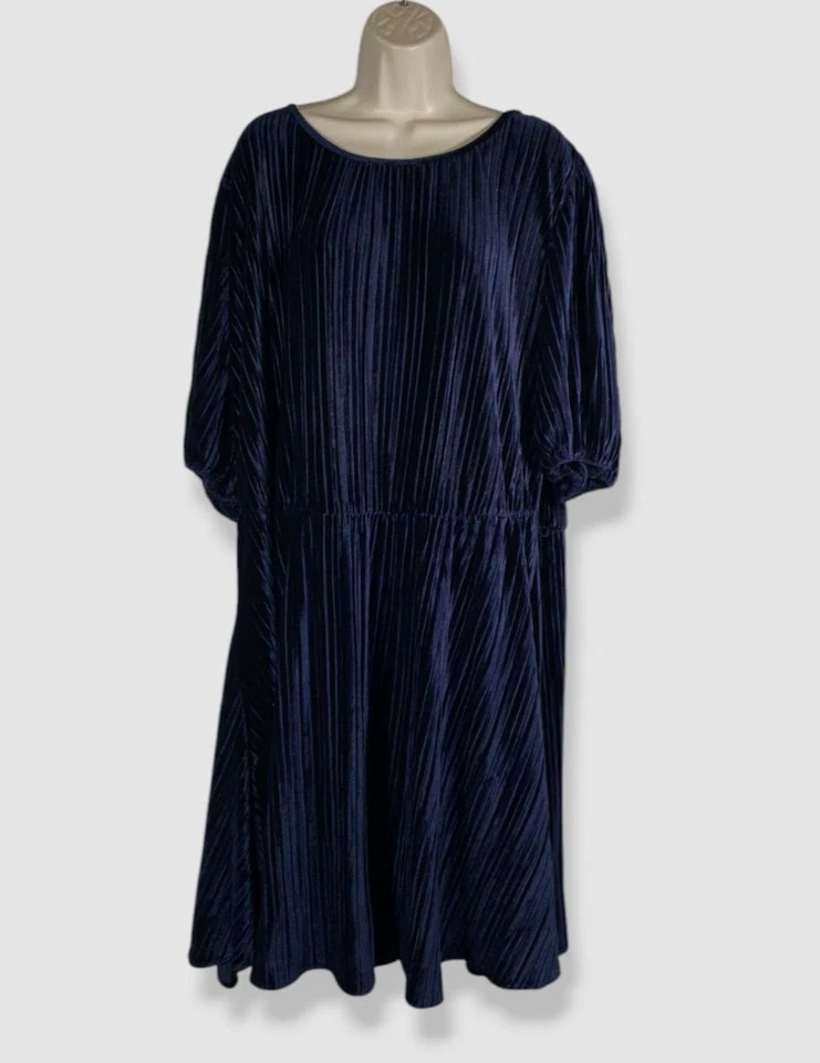 DKNY Women Blue Bubble-Sleeve Fit & Flare Pleated Dress Plus Size 22W