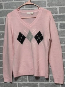 Cato Women’s Large Pink Argyle V-Neck Sweater Dark Gray Lt Gray Print - Picture 1 of 6