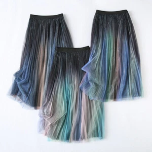 Women Mesh Petticoat Gradient Color Skirt Pleated Midi Elastic Waist Splice - Picture 1 of 9