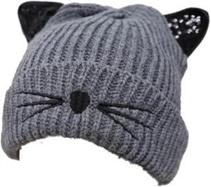 Knit Cat Ear Beanie Hat With Faux Fur Lining - Picture 1 of 2