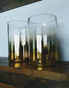 Pair Gold Luster Hurricane Glass Candle Holders ROOST Reflective Bright msrp$138 - Picture 1 of 13