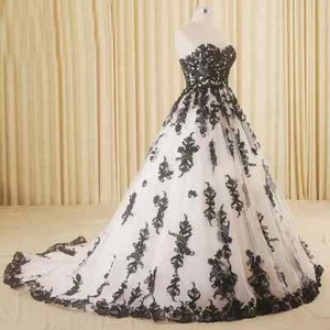 Black+White A-Line Wedding Dress Strapless Lace Appliques Vintage Gothic Bridal - Picture 1 of 8