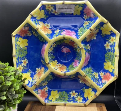TOMMY BAHAMA MELAMINE Tropical Hibiscus Flamingo Large Chip and Dip Bowl NEW - Image 1 of 4