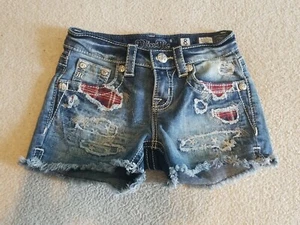 Miss Me Girls Embroidered Rhinestone Denim Jean Shorts Size 8 Stars Plaid Fringe - Picture 1 of 8