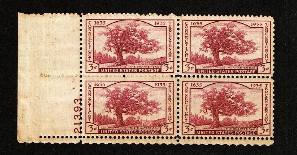 1935 U.S Commem 3c CHARTER OAK Connecticut Plt#Blk of 4 Sc#772 M/NH/OG/Pristine - Image 1 of 1