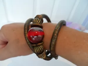 Swahili Bracelet-Necklace Snake Like Wrap, Large Red Bead, Gold Tones, Accessory - Picture 1 of 6