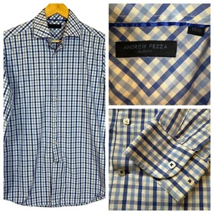 Andrew Fezza Button Down Shirt Mens 15 1/2Slim Fit Blue Plaid Cotton Casual - Picture 1 of 15