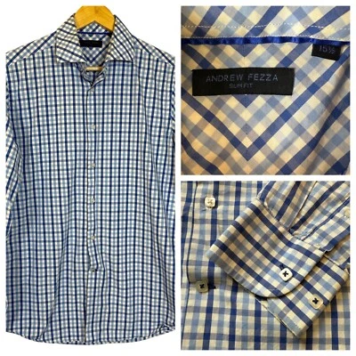 Camisa Andrew Fezza Abotonada Para Hombres 15 1/2 Calce Ajustado Azul Algodón a Cuadros Informal Foto 1 de 4