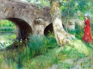 Wald Fluss Brücke Mädchen C. Larsson Fliese Wandbild Küche Spritzschutz Keramik 10x8 - Bild 1 von 3