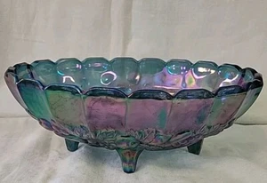 Carnival Glass Indiana Harvest Grape Iridescent Blue Oval Footed Fruit Bowl 12" - Picture 1 of 18