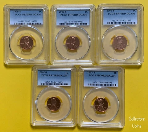 1999, 2000, 2001, 2002 & 2003 "S" 5 Coin PCGS 70 RD DCAM Proof Lincoln Cent Set Cover