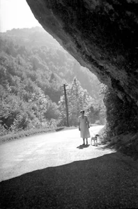 Femme chien rocher route montagnes paysage - Ancien négatif photo an. 1930 - Picture 1 of 1